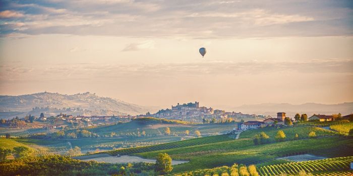 Langhe landscape with a village perched on a hill.