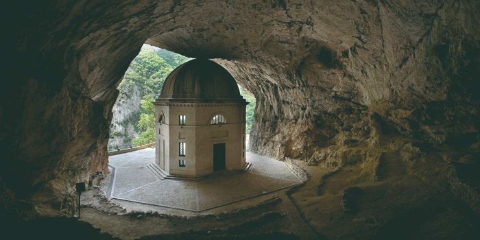 View of the Temple of Valadier in the rock, churches in Italy in the Marche region