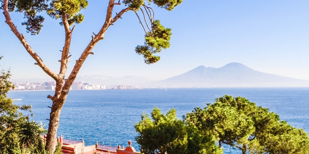 View of the Vesuvius from the district of Posillipo, Naples, Italy