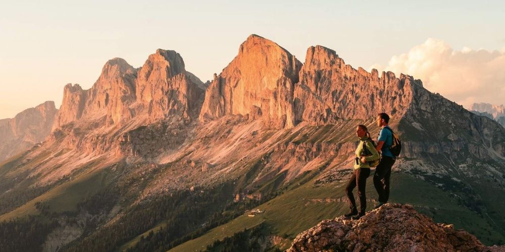 Hiking at Carezza Dolomites with stunning Dolomite backdrops Hiking at Carezza Dolomites with stunning Dolomite backdrops