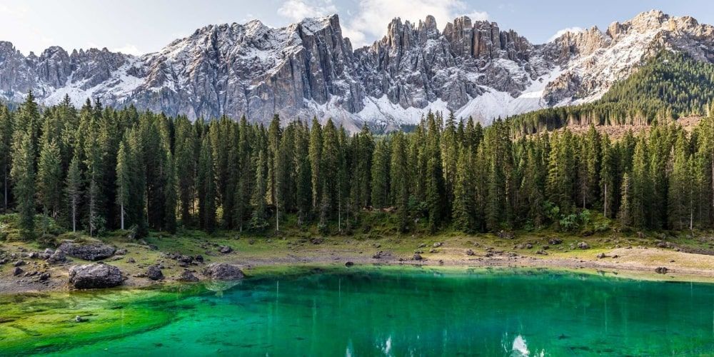 View of Lake Carezza at Carezza Dolomites View of Lake Carezza at Carezza Dolomites